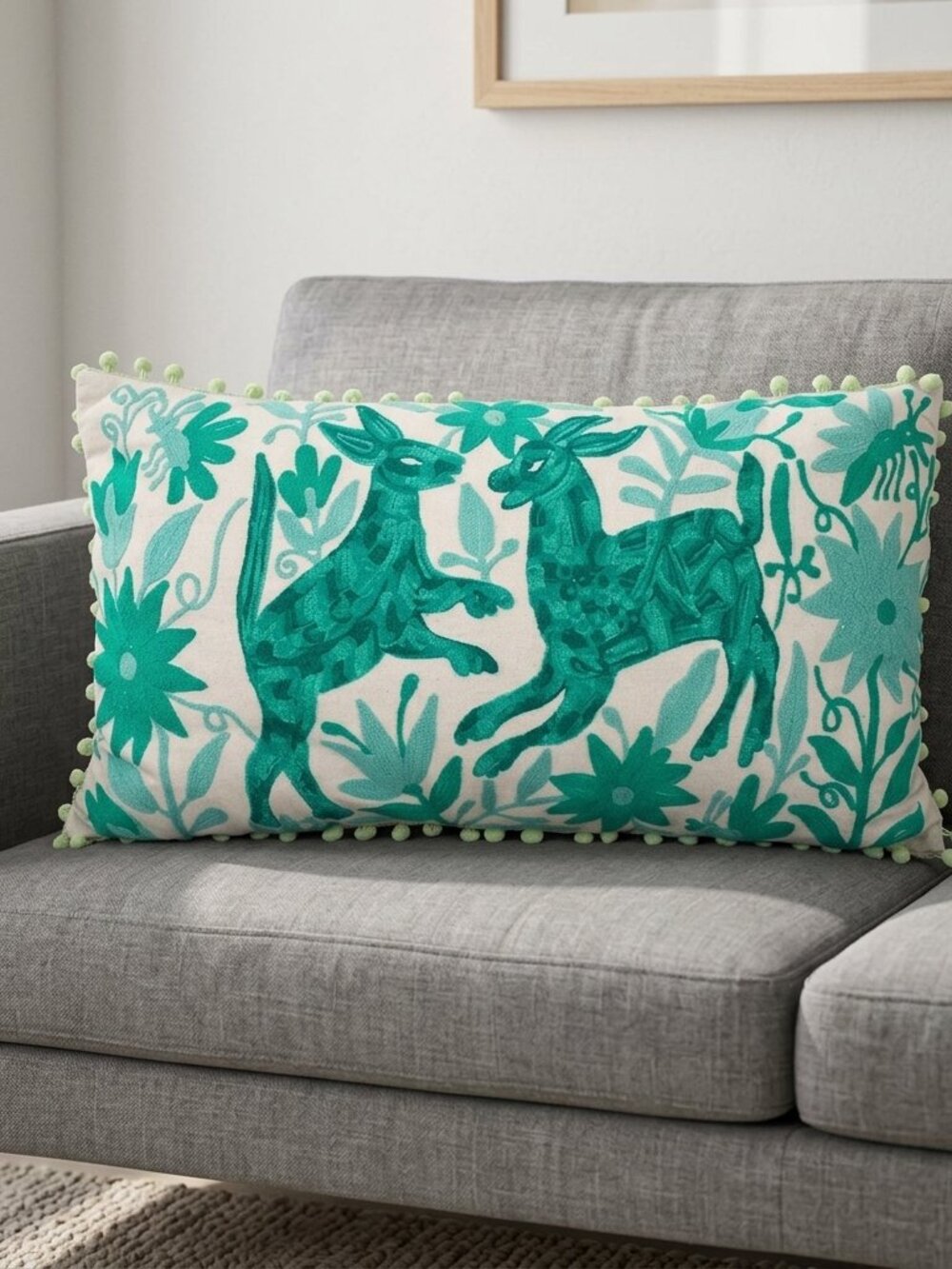 Karma Living Teal Otomi Embroidered Lumbar Pillow Pom Pom Trim Cotton 12x20